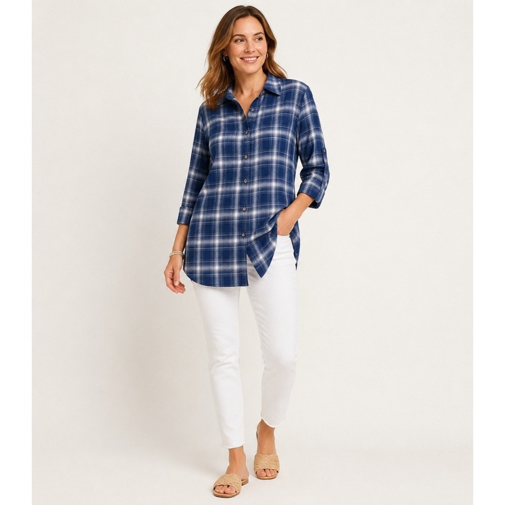ILLA ILLA‎ Flannel Shirt Dress Womens Small Blue White Plaid 100% Cotton Pockets